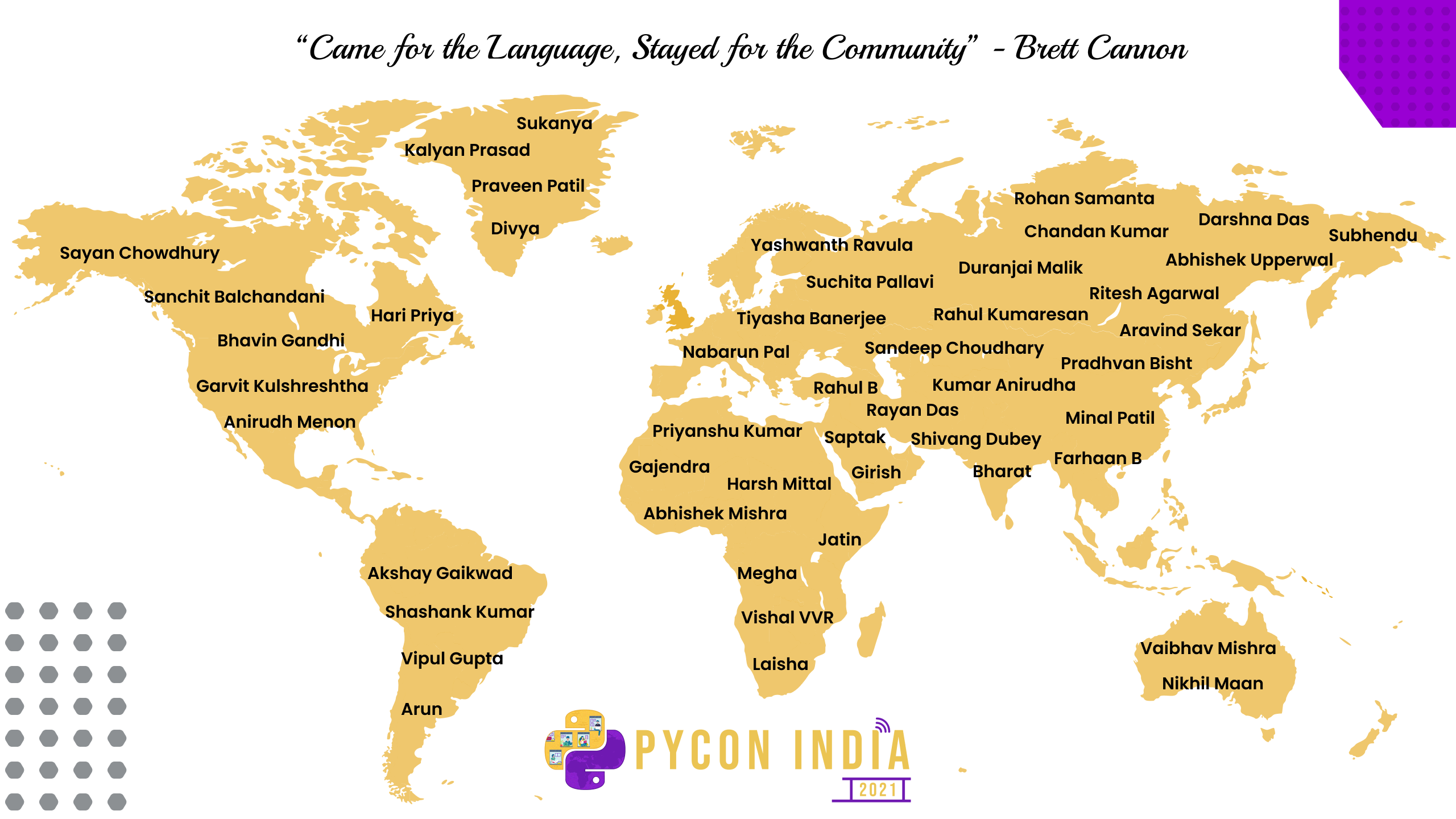 A world map with names of pycon india volunteers